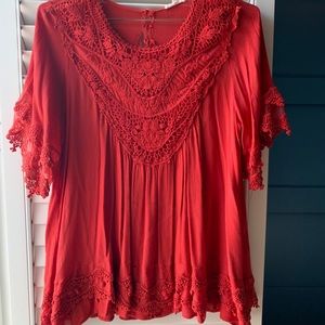 Red embroidered lace tunic blouse
